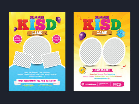 Summer camp invitation card template set. Kids summer camp flyer design for holiday fun activities vector illustration.