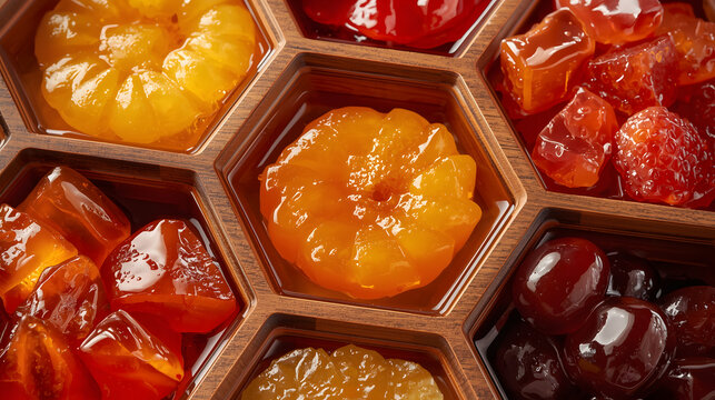 Assortment of vibrant candied fruits and preserves in a decorative honeycomb tray, showcasing various colors and textures.