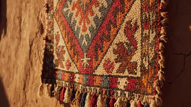 Detailed bohemian tribal rug hanging on a textured wall