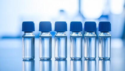 Six medical vials with blue caps on reflective surface in sterile blue lab setting