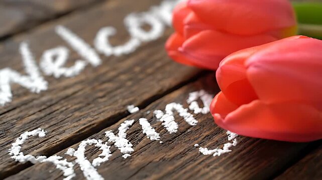 Vibrant orange tulips resting next to the word "welcome spring" delicately written in white salt or sugar on rustic dark brown wooden planks.
