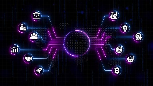 Business finance and technology concept with neon and lines on dark background with code cryptocurrency