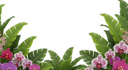 Tropical Jungle Leaves and Orchid Border Isolated PNG