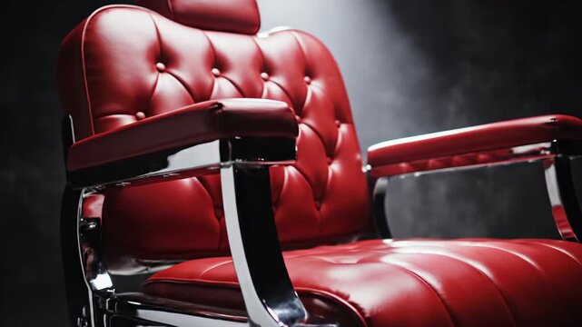 Classic Red Barber Chair Gleaming Under Spotlight Illumination