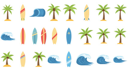 Obraz premium Beach and Surf Collection: Assortment of Surfboards, Palm Trees, and Ocean Waves, Ideal for Summer Themed Designs, Invitations, and Tropical Decor