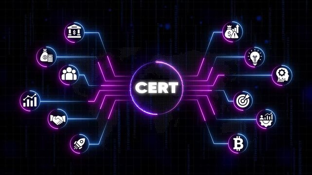 C E R T cybersecurity concept with and neon connections on dark background CERT computer security network security