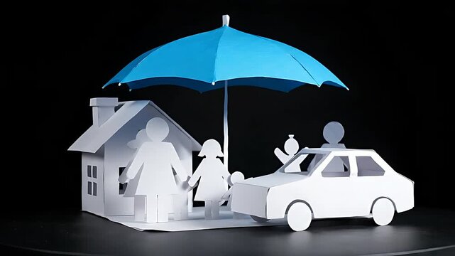 Paper cutout family, house, and car sheltered beneath a bright blue umbrella symbolizing comprehensive protection, security, and insurance planning concepts for assets.