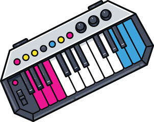 Colorful cartoon synthesizer keyboard musical instrument illustration.