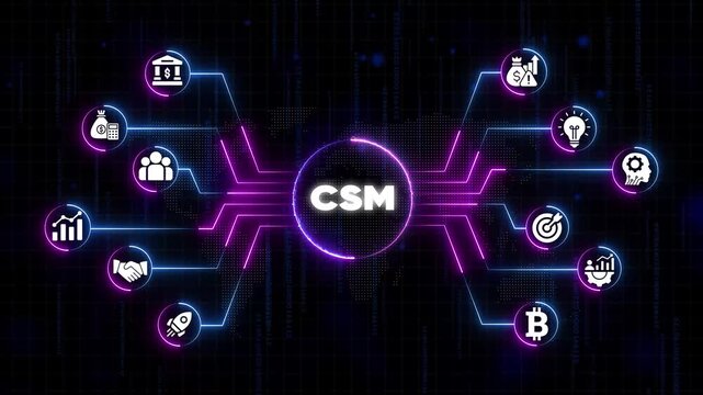 C S M Customer Service Management Neon Infographic with Business Finance and Technology Symbols on Dark Background