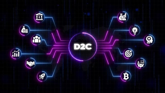 Direct to Consumer D2 C Business Model Concept with Neon and Graphs on Dark Background with Code Numbers