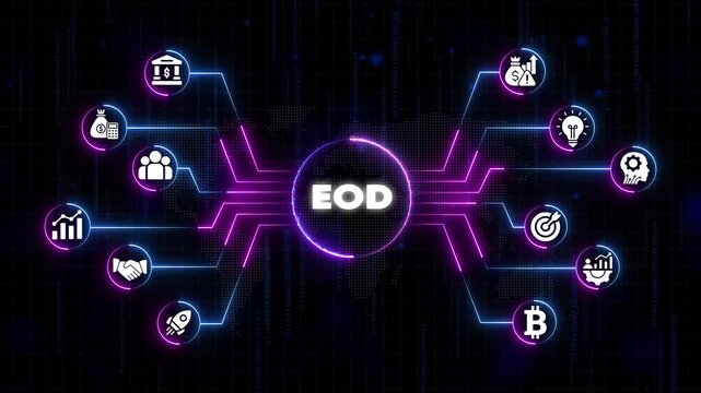End of Day E O D Business Finance Concept with Neon and Lines on Dark Background with Binary Code