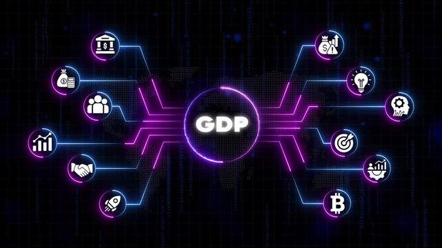 G D P concept with various financial and economic connected to central G D P on dark background with neon lines and code