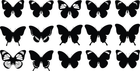 Butterfly silhouettes collection featuring detailed wing shapes and patterns, isolated black vector illustration set for nature themes,  wildlife graphics, decorations, and creative artistic projects