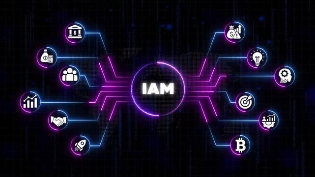 Identity and Access Management I A M Concept with Neon and Lines on Dark Background with Binary Code