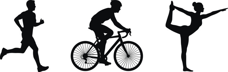 Naklejka premium Black sport silhouette set showing runner, cyclist and yoga balance pose representing fitness, endurance, flexibility and healthy active lifestyle isolated on white background