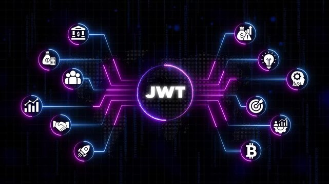 Jwt token authentication concept with various business and finance connected to central node on neon lit background