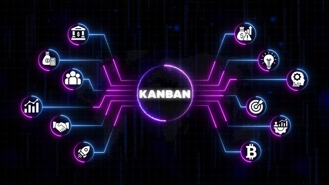 Kanban workflow management system with neon and cryptocurrency on a dark background with code neon cryptocurrency