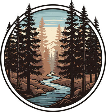 Vintage style illustration of a mountain forest and river scene.