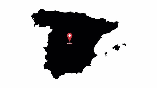 Spain map with red pin location. 4K animation	