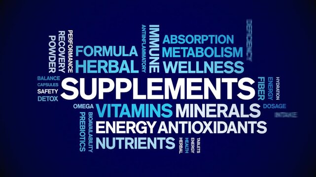Supplements animated word cloud-text design animation tag kinetic typography seamless loop.