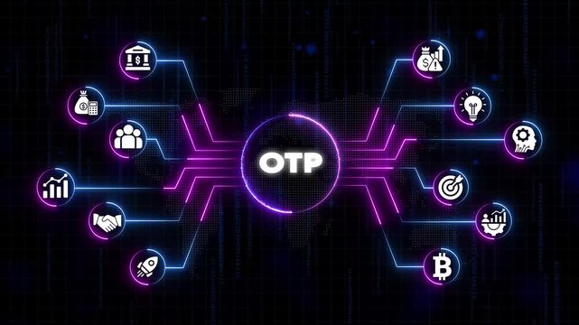 One Time Password O T P Cybersecurity Concept with and Neon Lines on Dark Background with Binary Code