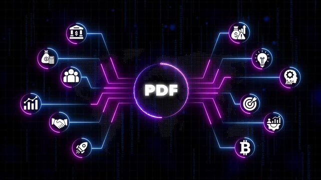 P D F document concept with business finance and technology on neon background