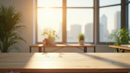 Fototapeta premium wooden table in sunny office interior with big windows natural daylight modern workspace atmosphere clean minimal scene concept of business corporate marketing design industry