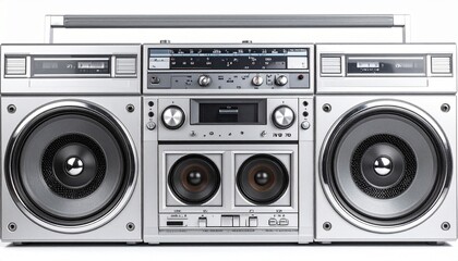 Vintage silver boombox with dual cassette decks and speakers