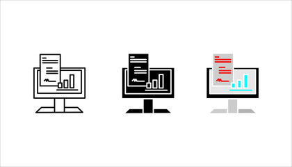 Computer monitor with report document and chart icon set.  in outline style representing data analytics, business reports, performance tracking, and digital dashboards.