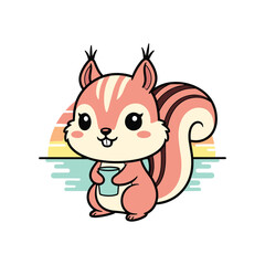 Obraz premium Cute cartoon chipmunk holding a cup with a sunset background animal