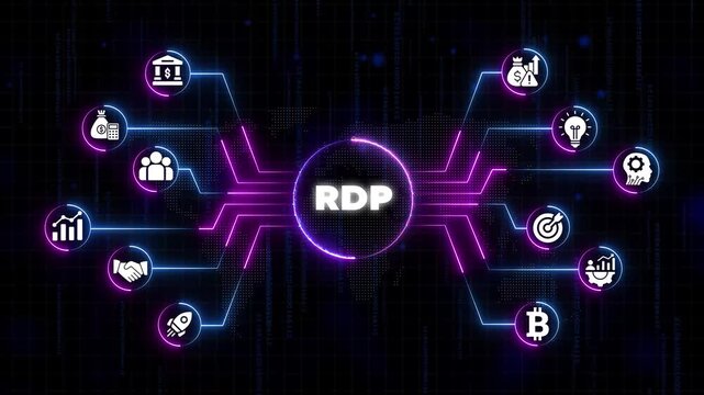 Remote Desktop Protocol R D P Concept with Business Finance and Technology on Neon Network Background