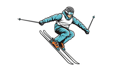 Dynamic Man Skier Jumping in Mid-Air with Poles and Goggles, Sporting Action on Isolated White Background © ndowi