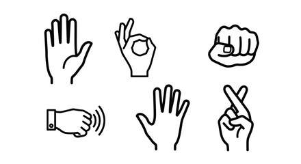 Diverse Set of Hand Gestures Including Open Hand, OK, Fist, Knock, Wave, and Crossed Fingers, Isolated White Background