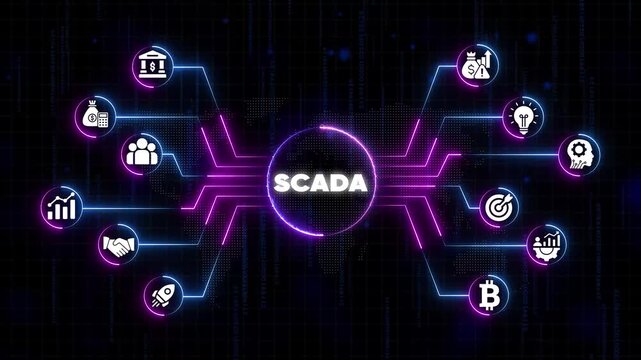 S C A D A system concept with neon and lines on dark background representing industrial automation technology and data analysis for business and finance applications