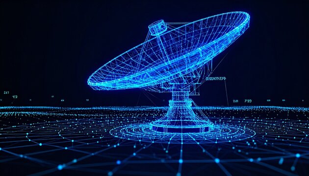 Digital wireframe satellite dish glowing blue in dark space with data transmission grid and network points