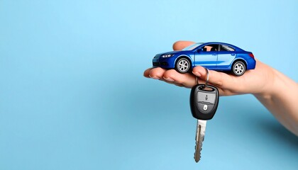 Hand holding blue toy car and car key with remote fob on light blue background