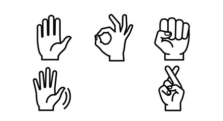 Obraz premium Set of diverse hand gestures showing common signs like open palm, OK, fist, and crossed fingers, line art on an isolated white background