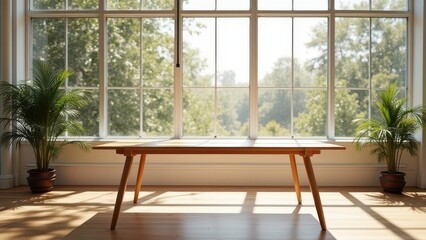 wooden table in sunny office interior with big windows natural daylight modern workspace atmosphere clean minimal scene concept of business corporate marketing design industry