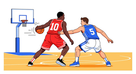 Two male basketball players engaged in an intense one-on-one game with dribbling and defense on a court