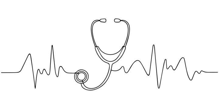 Stethoscope and heartbeat pulse line in minimalist one line drawing for medical healthcare concept, Continuous one line drawing of stethoscope - medical equipment. stethoscope with heart beat wave