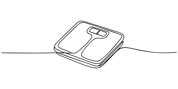 Continuous one line drawing of minimalist bathroom weight scale icon, Minimalist line art of bathroom scale with a simple design. No editable strokes, Minimalist one line drawing of medical scales.