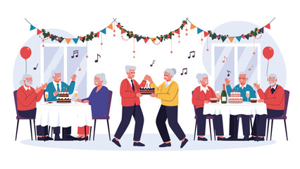 Senior citizens celebrating a birthday party with cake and music in a festive room decorated with garlands.