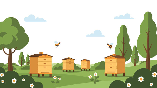 Row of wooden beehives in a green flower field with honey bees flying around under a blue summer sky.