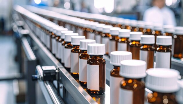 Amber glass bottles with white caps on automated production line in industrial pharmaceutical facility