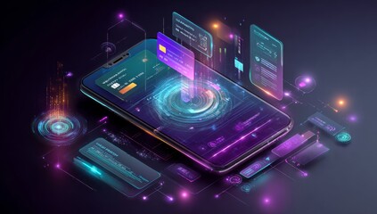 Futuristic smartphone displaying holographic digital banking interface and glowing credit cards