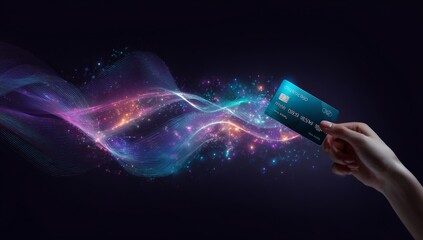 Hand holding credit card with colorful glowing digital waves and flowing light particles