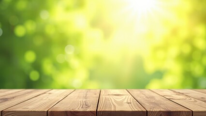wooden table background with free space and spring blurred greenery sunny day natural light scene with large copy space for decoration banner concept of advertising marketing design business