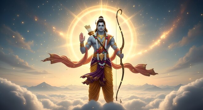 Lord Ram with the bow and majestic mountain background, made by Ai