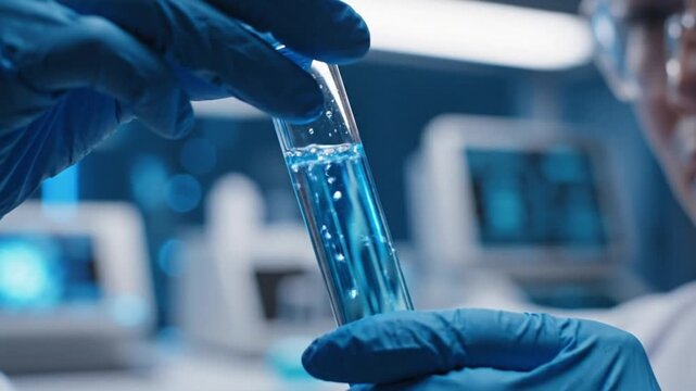 Laboratory technician examines test tube filled with blue liquid, showcasing scientific research and innovation in focused lab environment