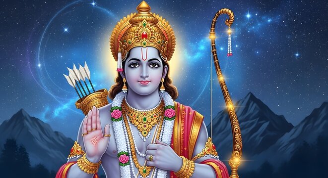 Lord Ram with bow and majestic background, made by Ai